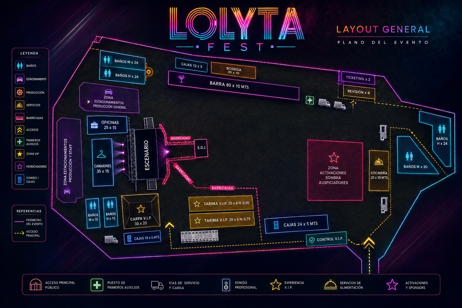 Plano general del evento Lolyta Fest: escenario, zona VIP, activaciones de auspiciadores, accesos y servicios